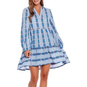 Mud Pie Eliza Yarn Dye Dress Blue Red White Embroidered Mini MIDI Long Sleeve